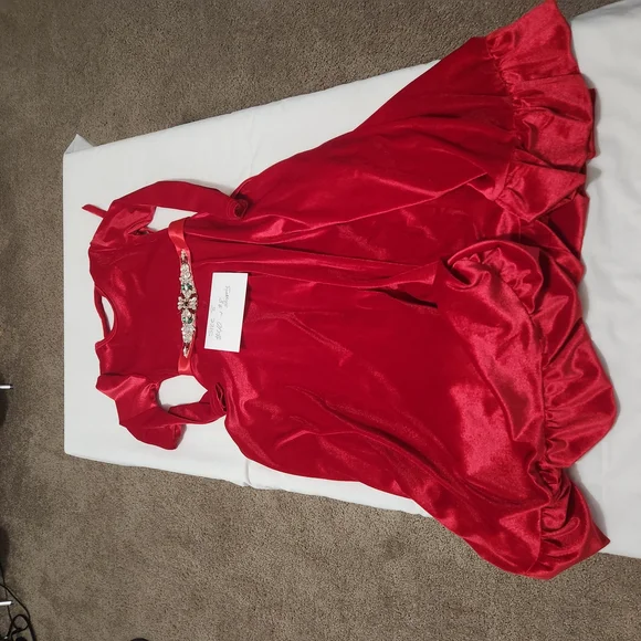 Red Velvet Dress with Embellished Waist